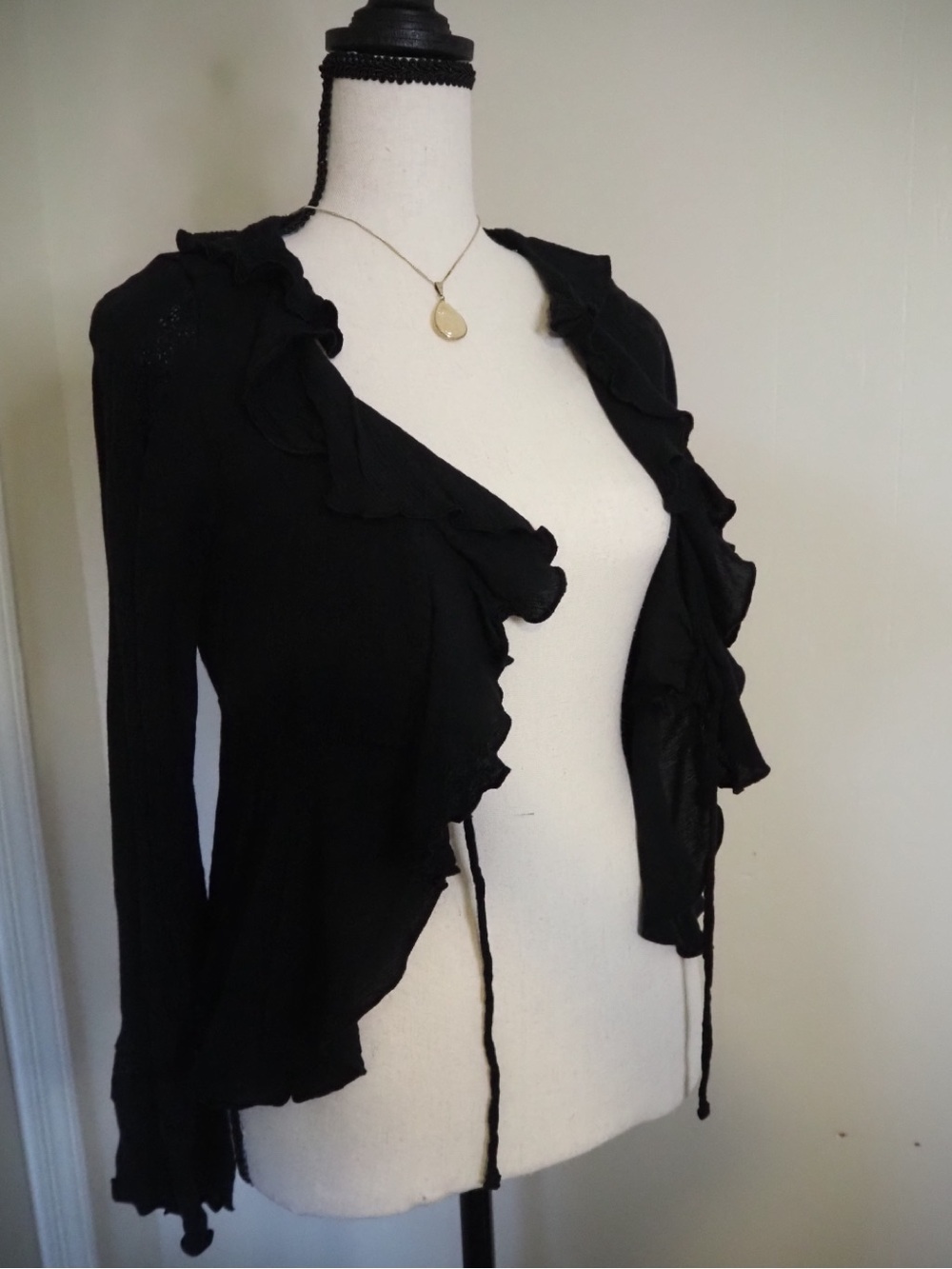 Hollister Black Easy Sleeve Ruffle Baby Doll Lace Paneled Tie Front Top Small View 6
